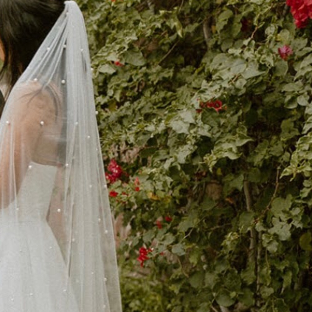 Chapel length 89” ivory veil with pearl detailing